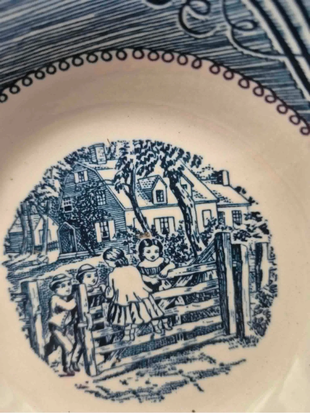 8 Currier & Ives ‘Country Farm Gate’ Blue & White Dessert Bowls Cottagecore Set